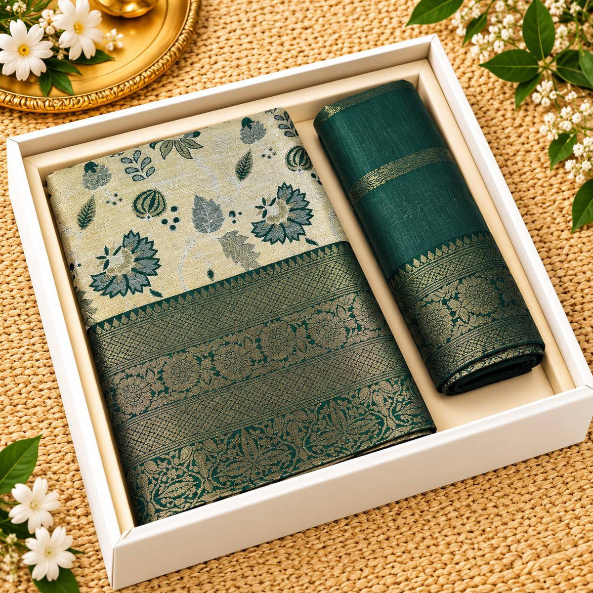 Turquoise blue floral jacquard saree with golden zari border and matching blouse piece