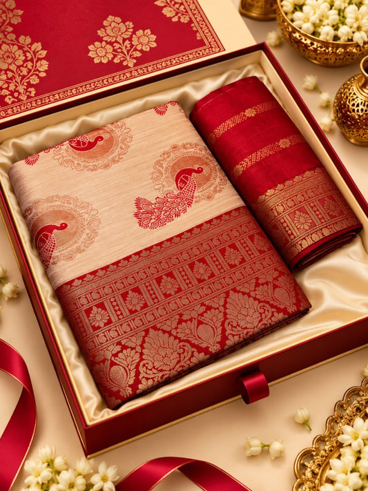 Royal Cream & Red Banarasi Silk Saree with Peacock Jacquard