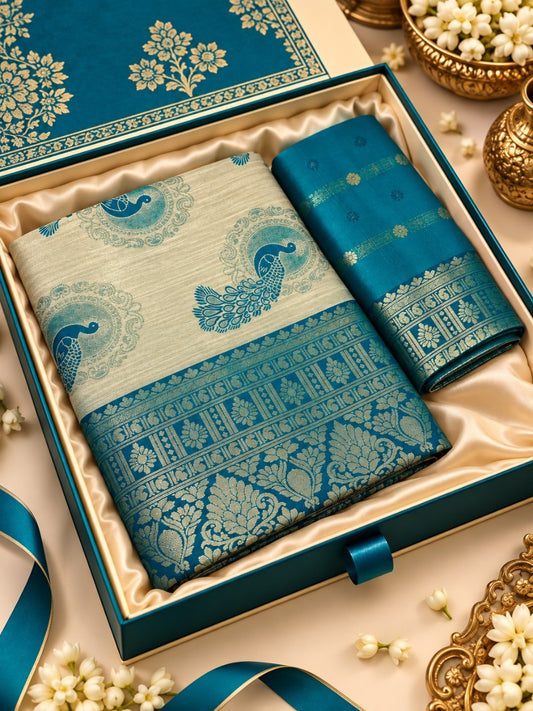 Royal Cream & Peacock Blue Banarasi Silk Saree with Peacock Jacquard