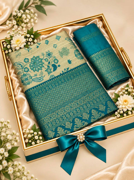 Cream and peacock blue floral jacquard saree with decorative zari border and matching blouse piece