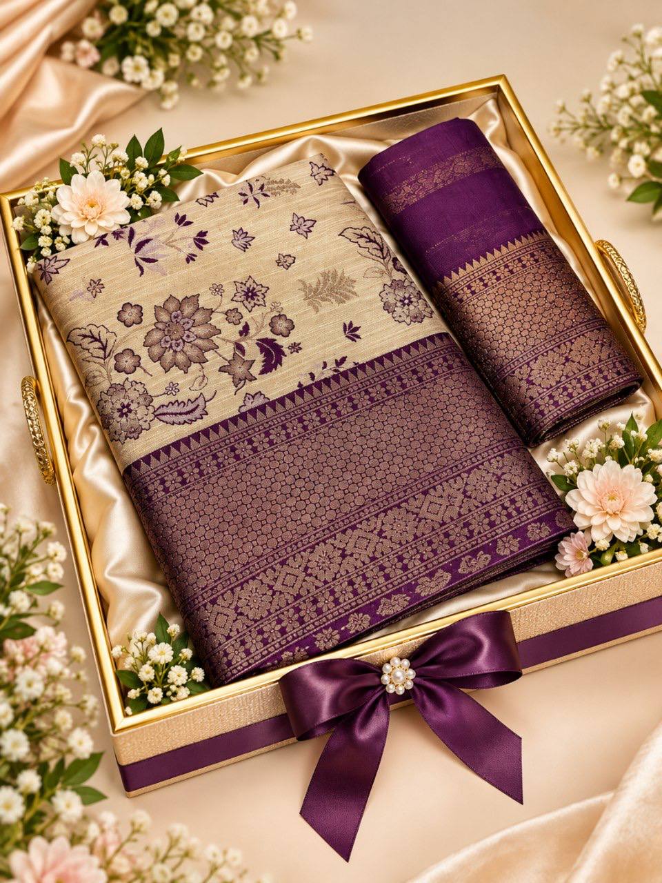 Cream and plum floral jacquard saree with decorative zari border and matching blouse piece