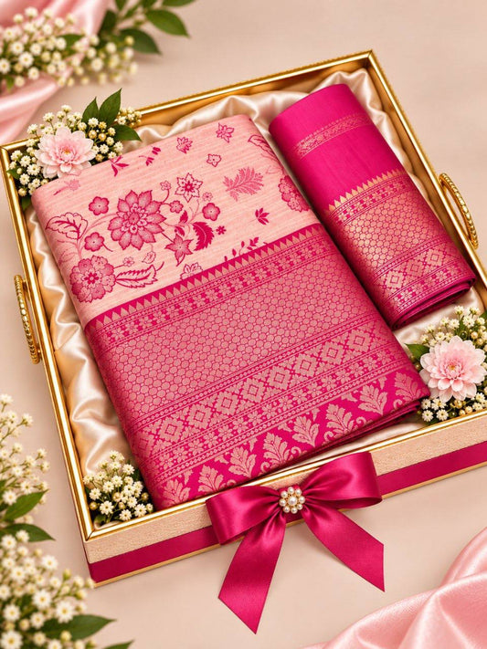 Light pink and rani pink floral jacquard saree with decorative zari border and matching blouse piece