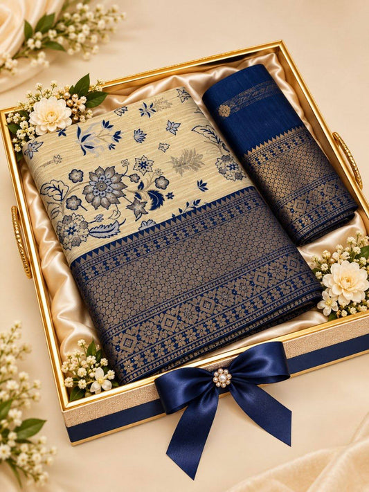 Cream and navy blue floral jacquard saree with decorative zari border and matching blouse piece
