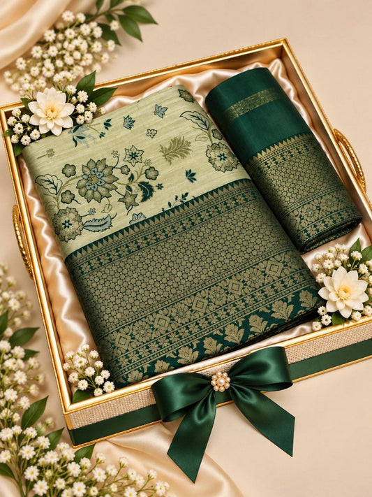 Cream and bottle green floral jacquard saree with decorative zari border and matching blouse piece