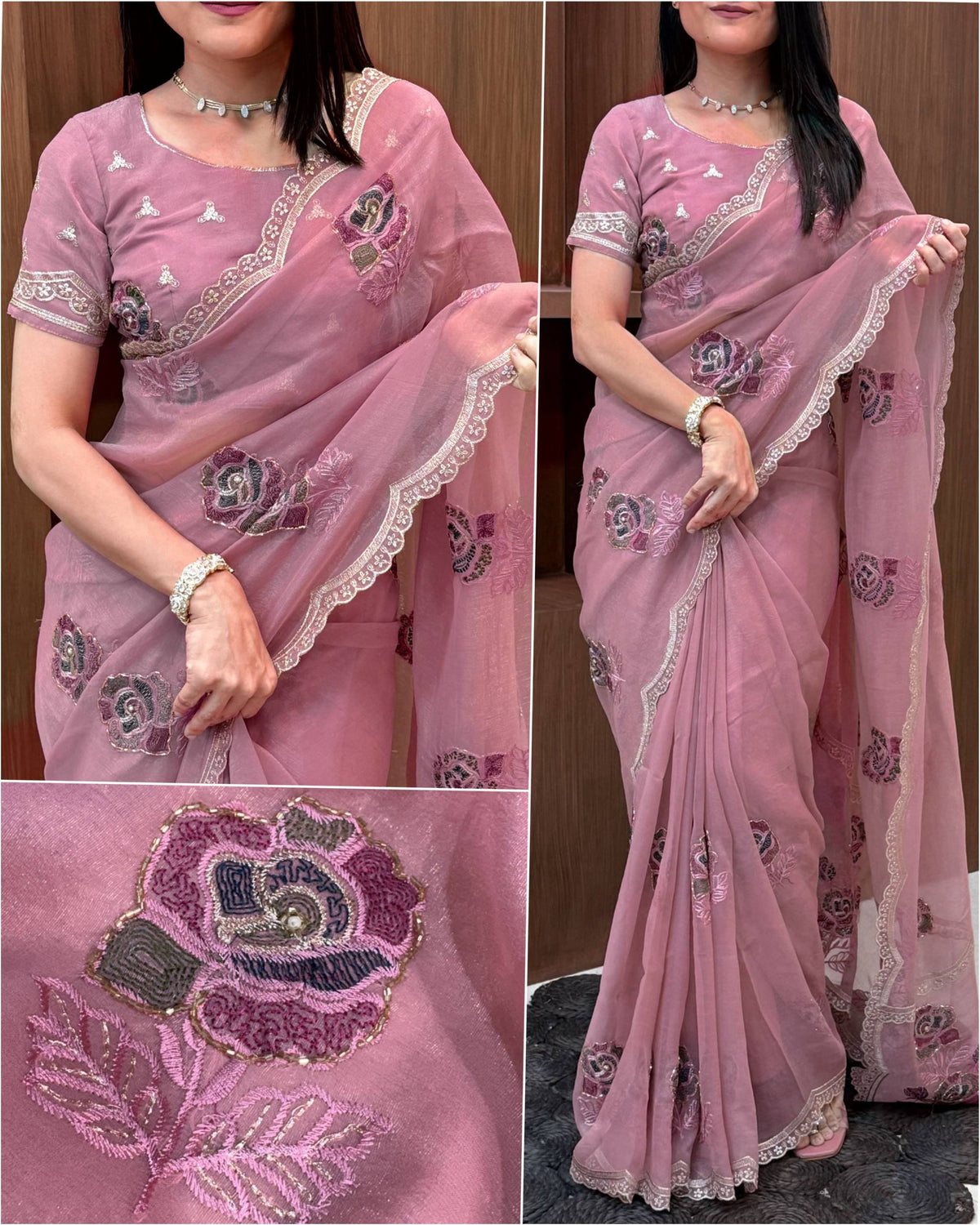 Nazakat dusty pink saree with multicoloured floral embroidery, bead detailing and scalloped embroidered border