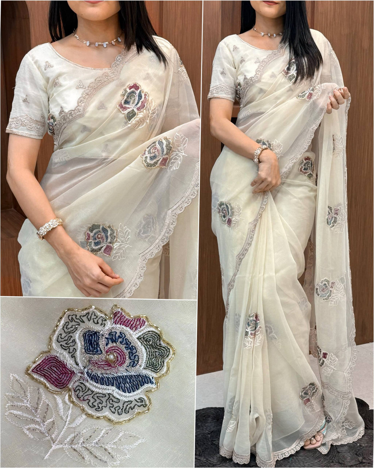 Nazakat ivory saree with multicoloured floral embroidery, bead detailing and scalloped embroidered border