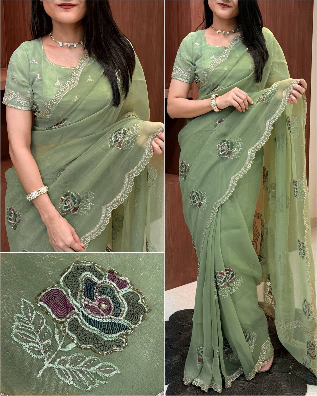 Nazakat sage green saree with multicoloured floral embroidery, bead detailing and scalloped embroidered border