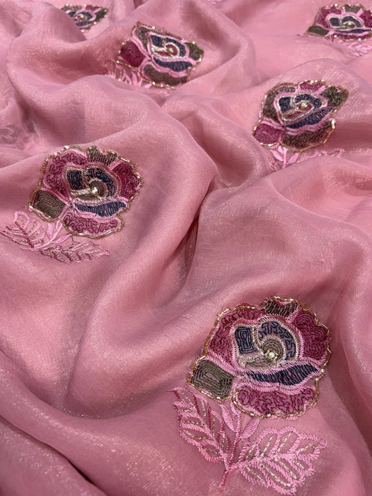 Nazakat Dusty Pink Melborne Simmer Silk Saree with Floral Embroidery & Bead Handwork