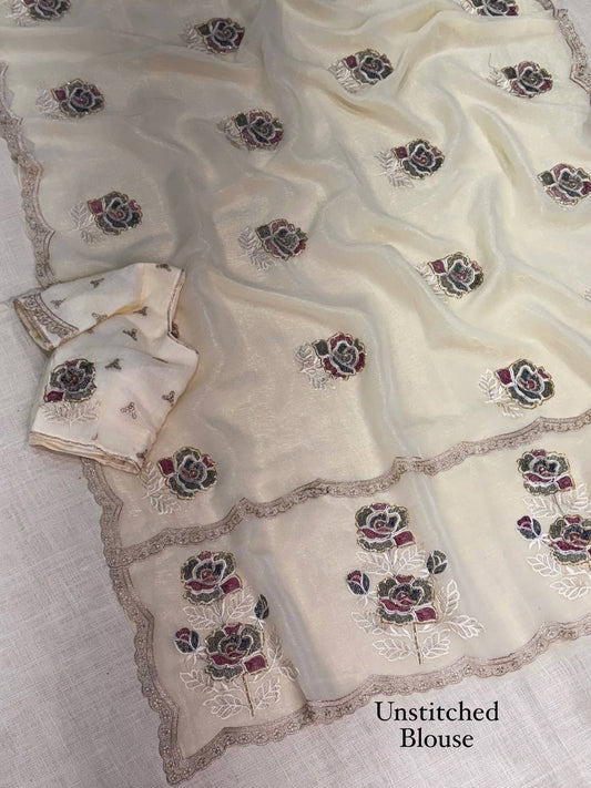 Nazakat Ivory Melborne Simmer Silk Saree with Floral Embroidery & Bead Handwork