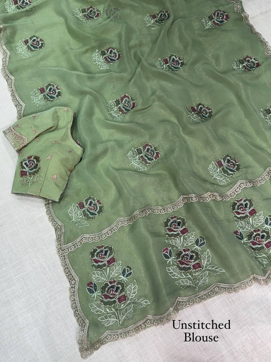 Nazakat Sage Green Melborne Simmer Silk Saree with Floral Embroidery & Bead Handwork