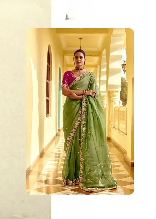 Woman in a green saree with pink blouse in two different settings.