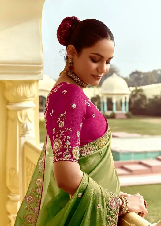Woman in a green saree with pink blouse in two different settings.