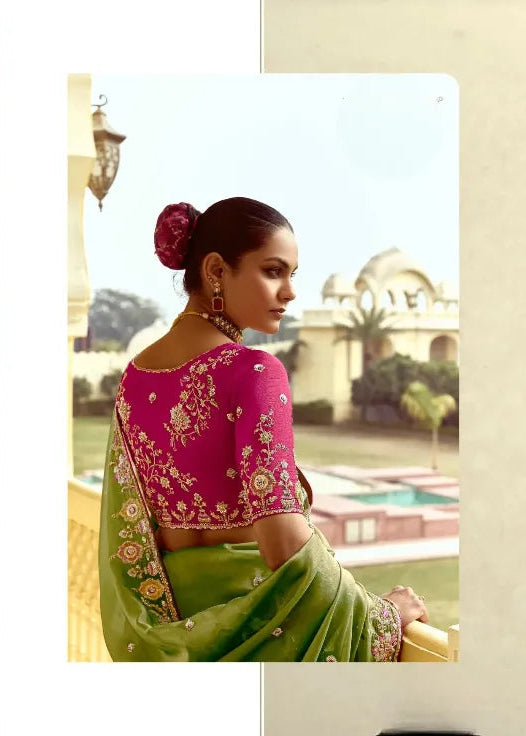 Woman in a pink blouse and green saree looking into a mirror.