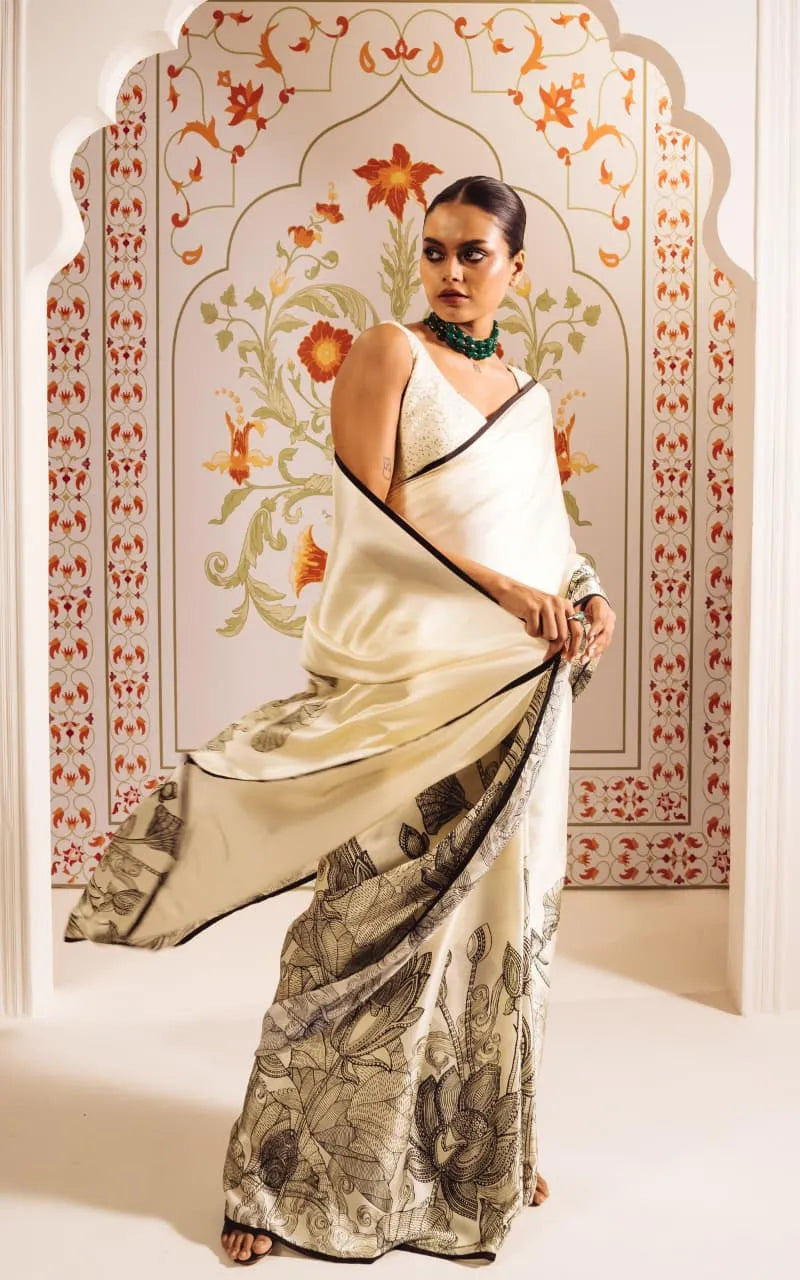 Kalamkari Noir & Ivory Silk Saree
