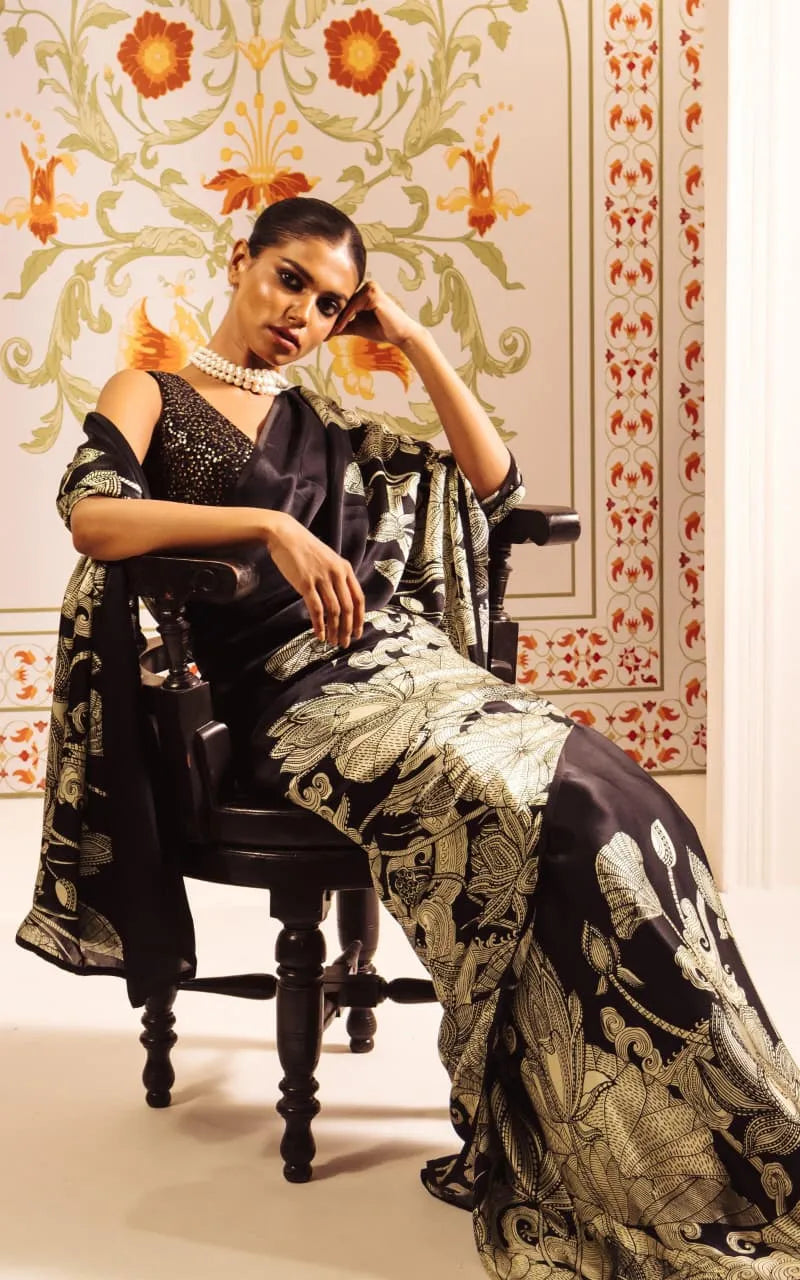 Kalamkari Noir & Ivory Silk Saree