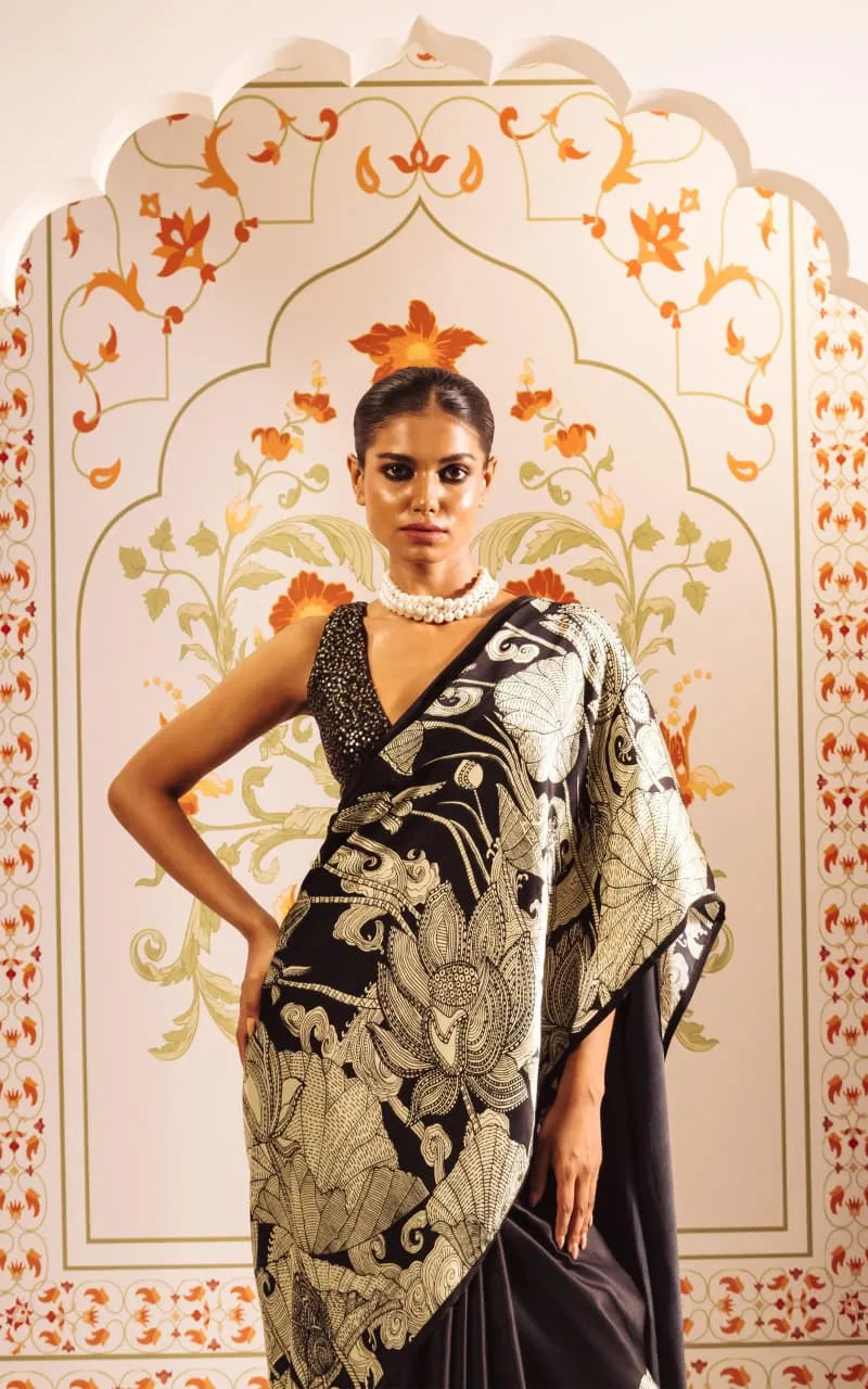 Kalamkari Noir & Ivory Silk Saree