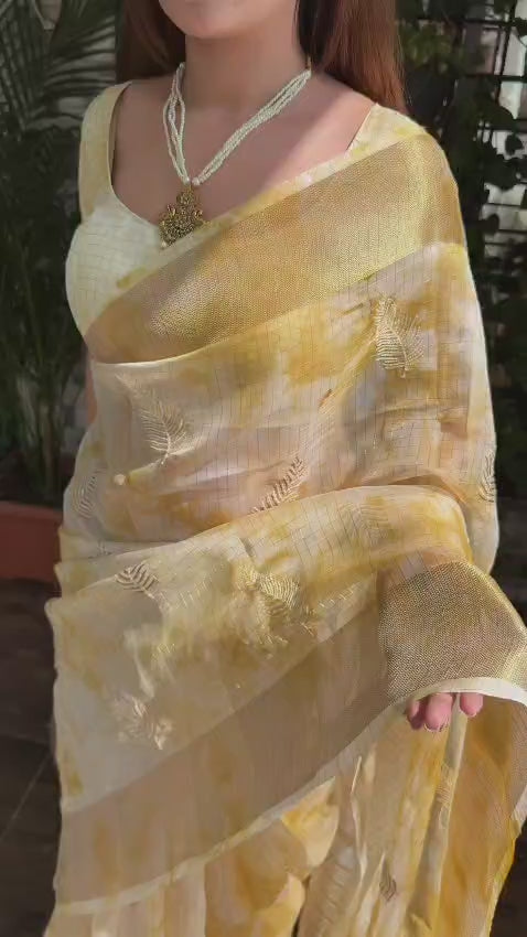Kiwi Glass Organza Saree with Shibori Print & Zari Jacquard Border