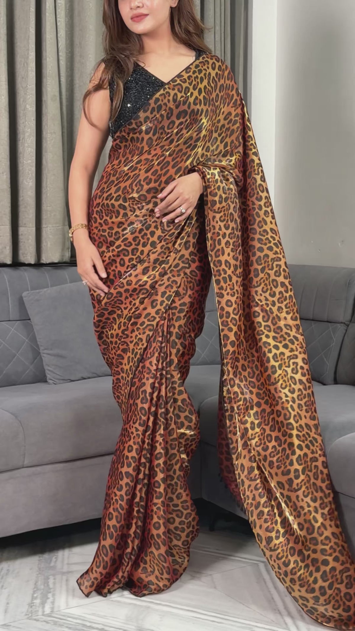 Two-Tone Fandy Satin Leopard Print Saree with Beaded Blouse