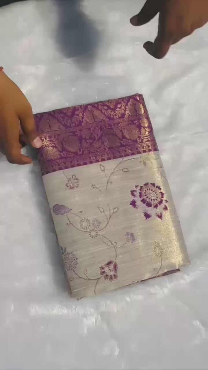 Royal Blue Ivory Banarasi Silk Saree | Intricate Gold Zari Floral Border