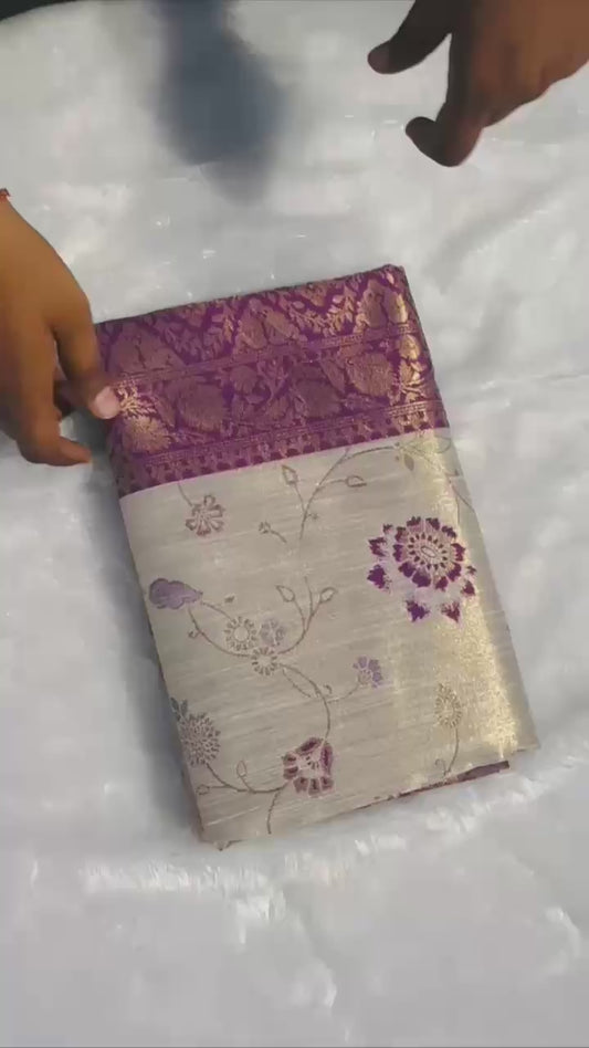 Royal Blue Ivory Banarasi Silk Saree | Intricate Gold Zari Floral Border