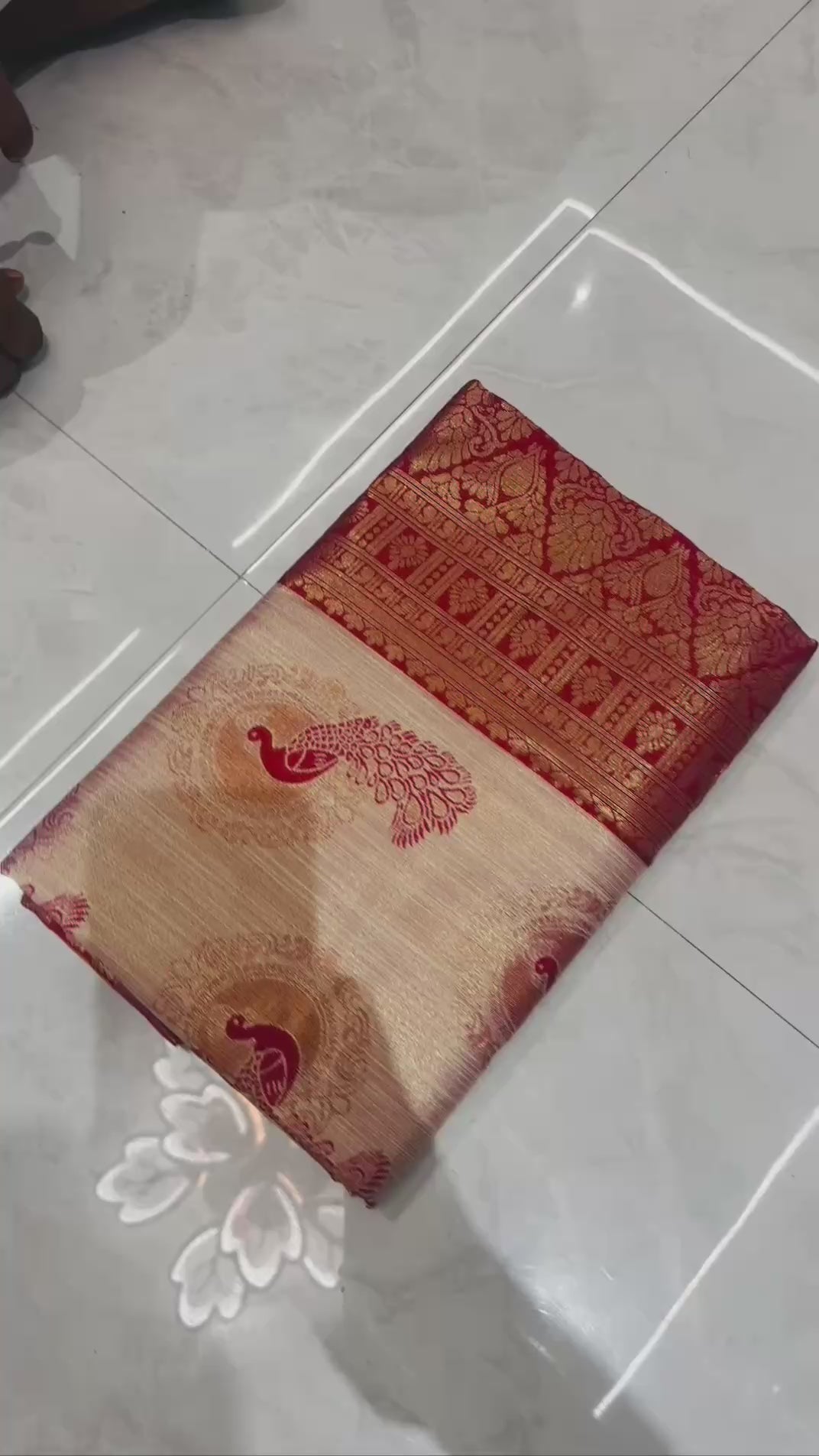 Royal Cream & Red Banarasi Silk Saree with Peacock Jacquard