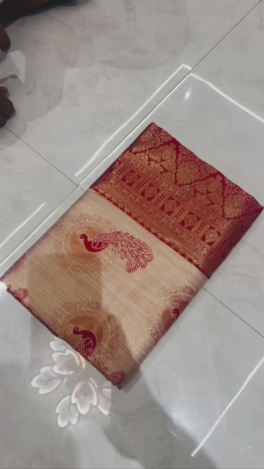 Royal Cream & Red Banarasi Silk Saree with Peacock Jacquard