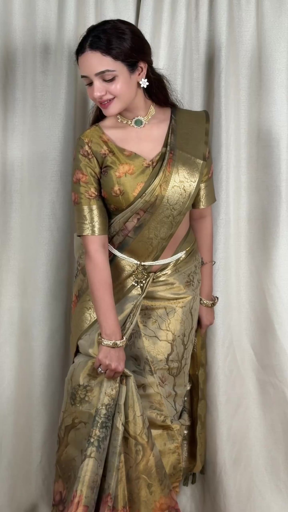 Pure Gold Glass Tissue Silk Saree with Zari Weaving and Printed Blouse