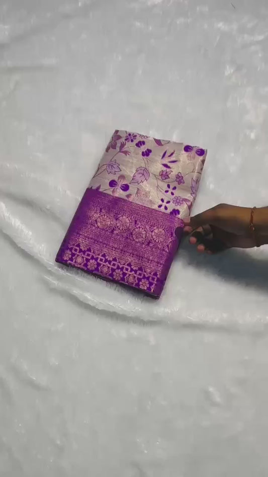 Wine & Ivory Banarasi Silk Saree | Gold Zari Floral Print & Zari Border