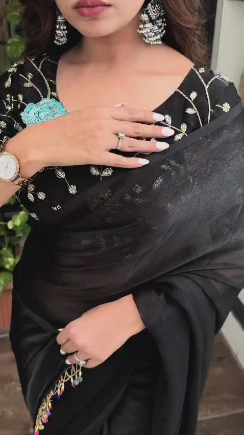 Fandy Chiffon Sequin Beads Embroidered Saree