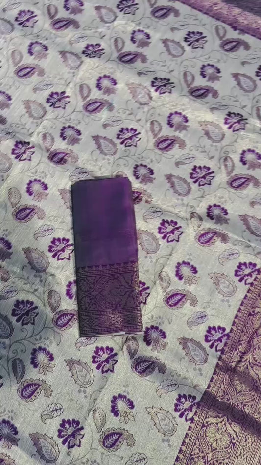 Brown & Ivory Banarasi Silk Saree | Heavy Gold Zari Floral Border