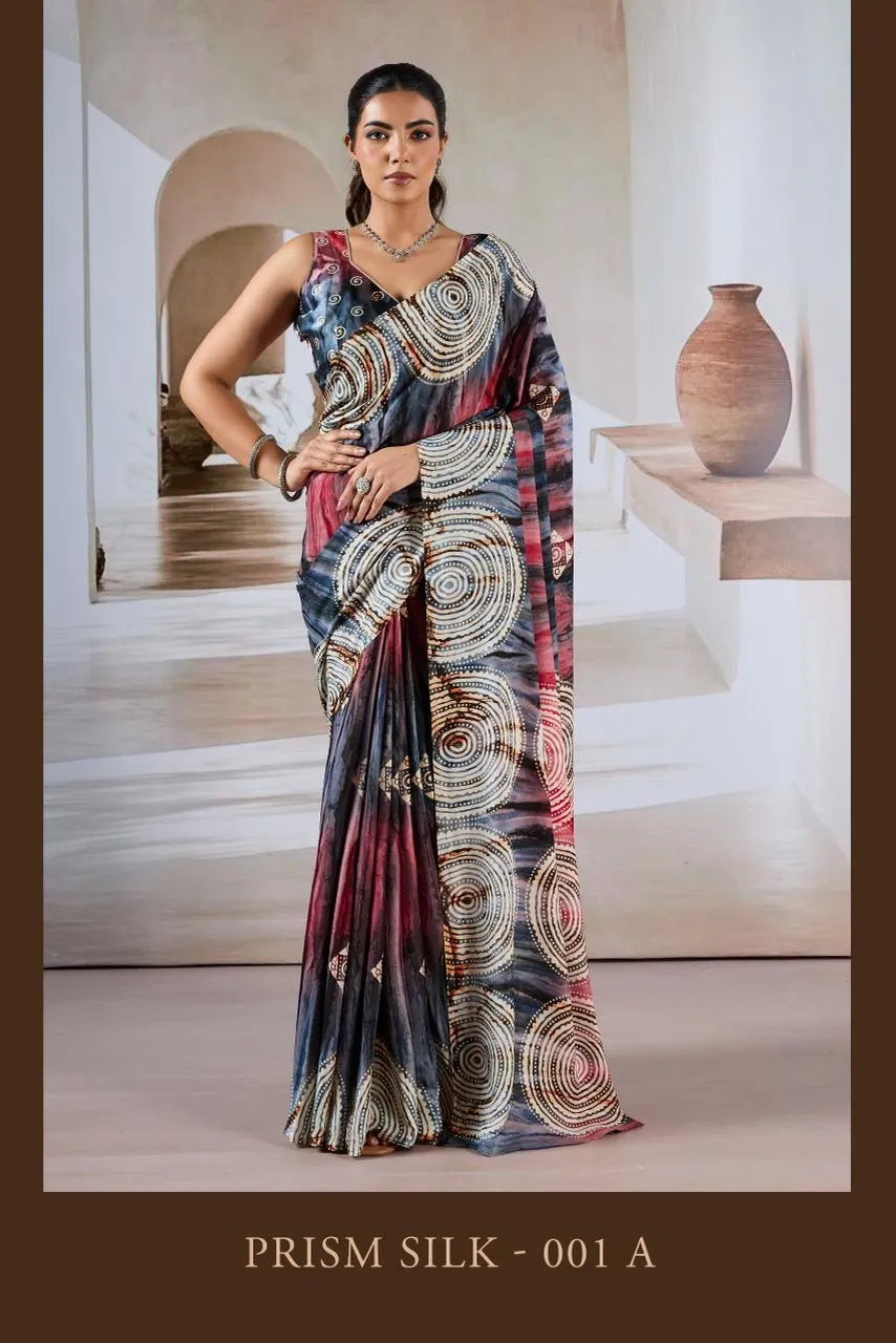 Prism Silk Modal Satin Ajrakh Hand Print Saree