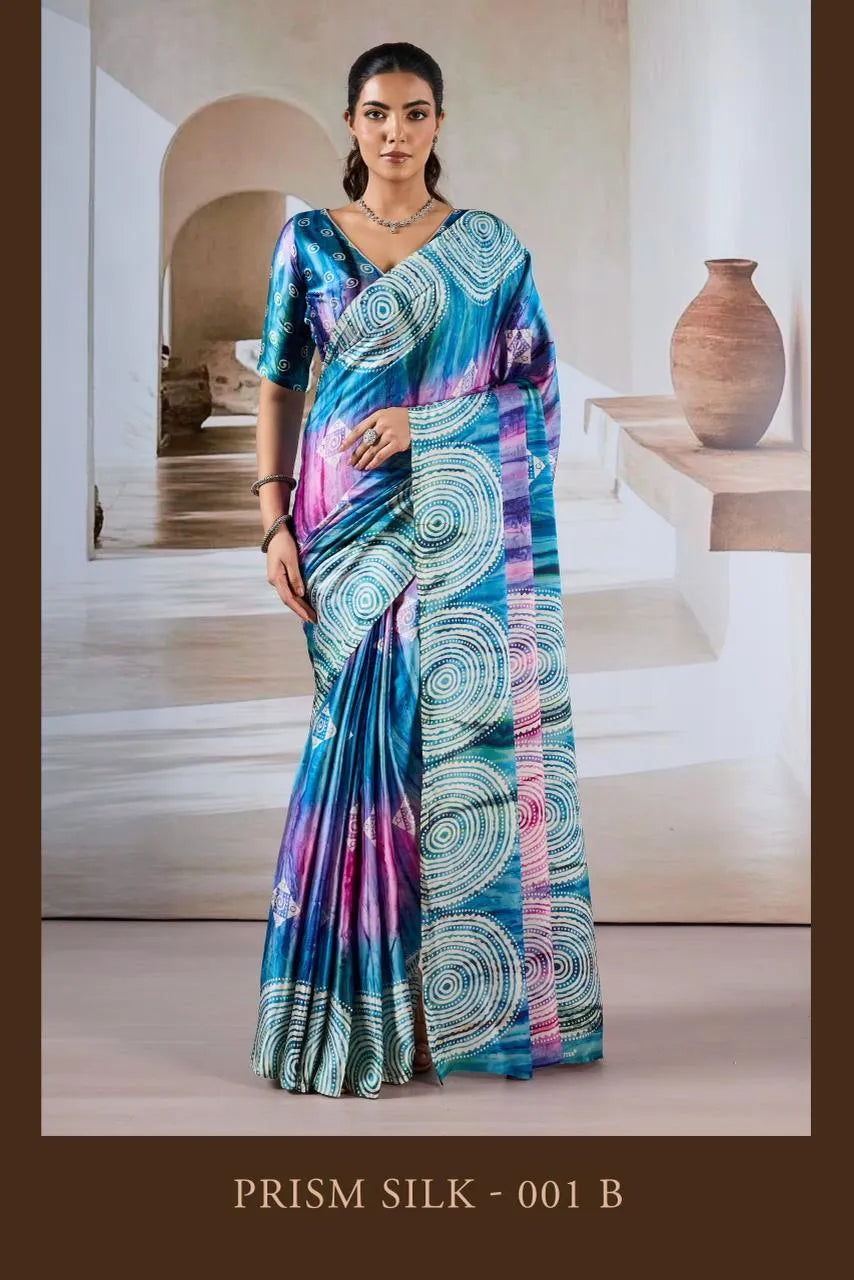 Prism Silk Modal Satin Ajrakh Hand Print Saree