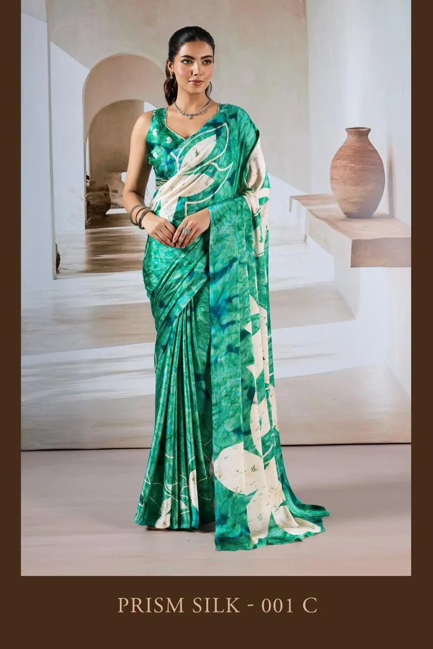 Prism Silk Modal Satin Ajrakh Hand Print Saree