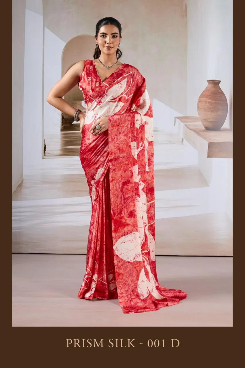 Prism Silk Modal Satin Ajrakh Hand Print Saree