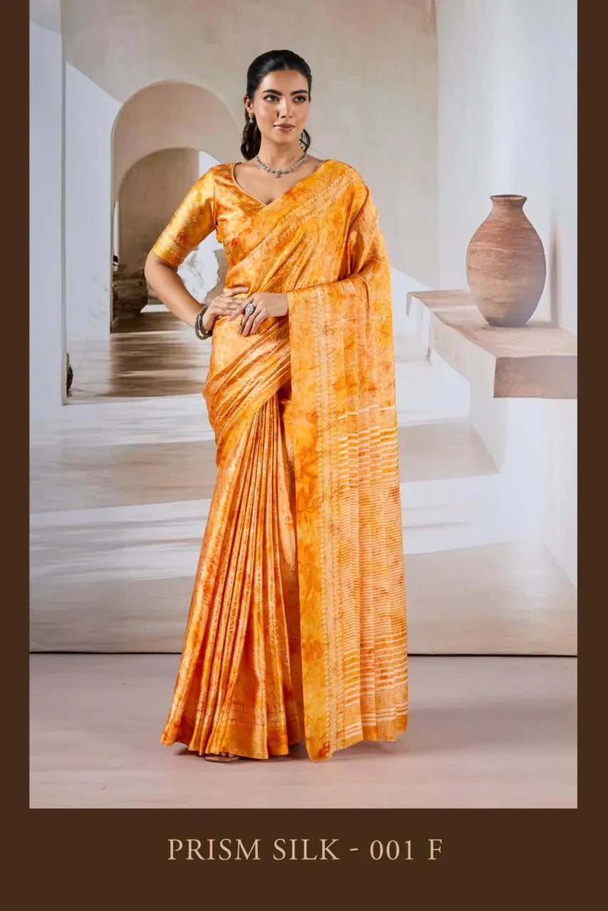 Prism Silk Modal Satin Ajrakh Hand Print Saree