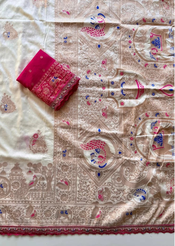 Embroidered fabric with a pink folded fabric on top