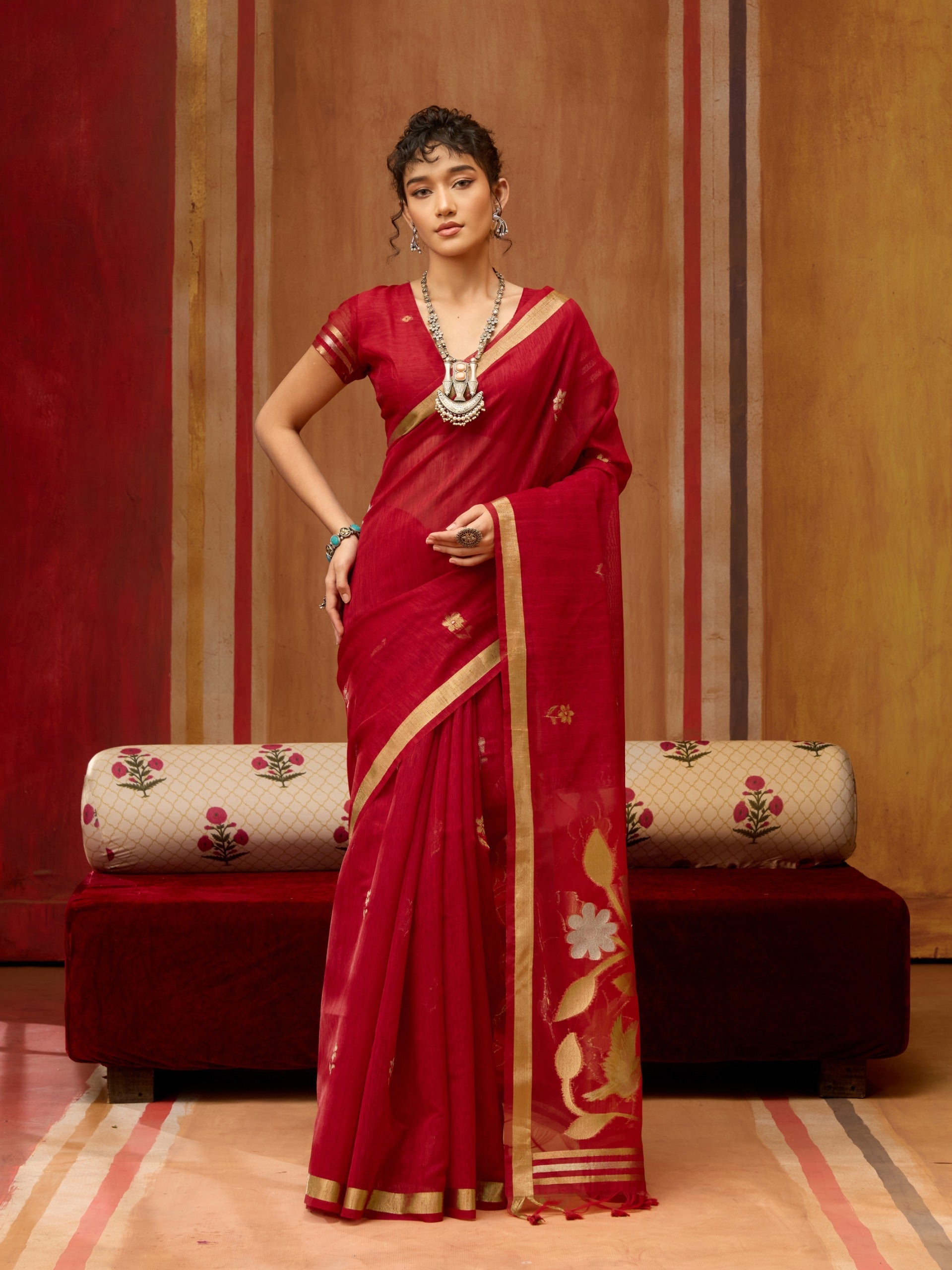 Pure Munga Silk Handloom Saree in Crimson Red with Organza Weaving Pallu – Sanskriti Saree