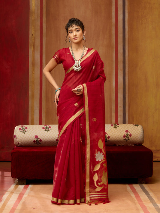 Pure Munga Silk Handloom Saree in Crimson Red with Organza Weaving Pallu – Sanskriti Saree