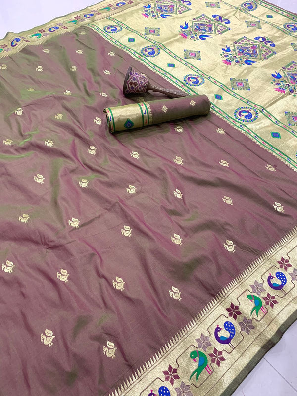 brown saree with intricate patterns on a white background