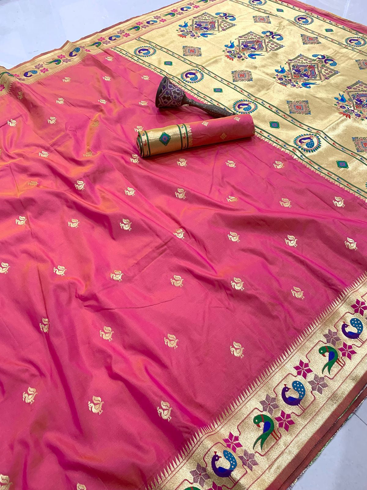 Pure Soft Paithani Silk Saree with Minakari Peacock Border Saree