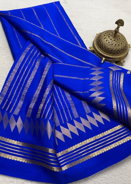Blue saree with silver patterns on a white background
