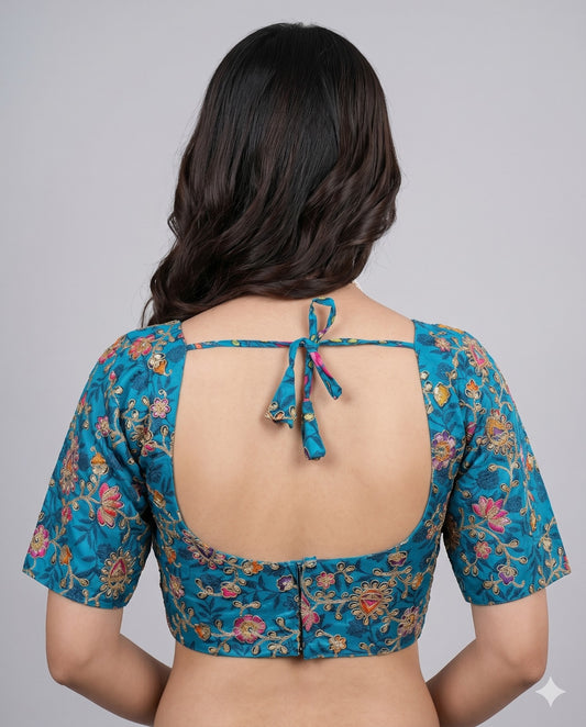 Pure Viscose Blue V-Diamond Padded Embroidered Blouse