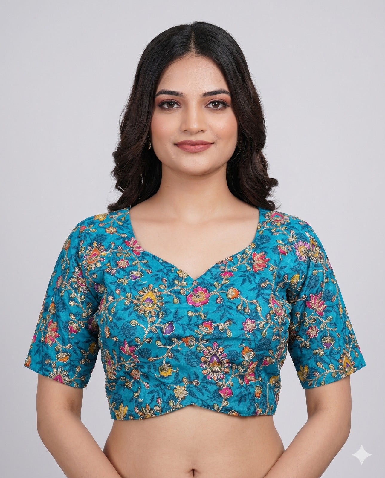 Pure Viscose Blue V-Diamond Padded Embroidered Blouse