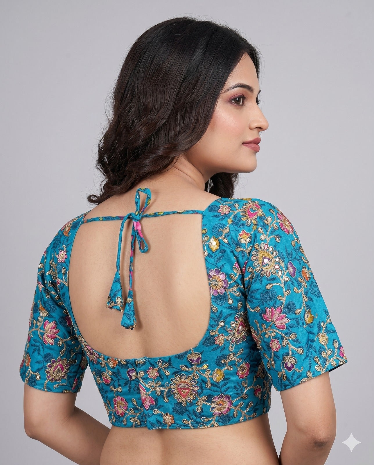 Pure Viscose Blue V-Diamond Padded Embroidered Blouse