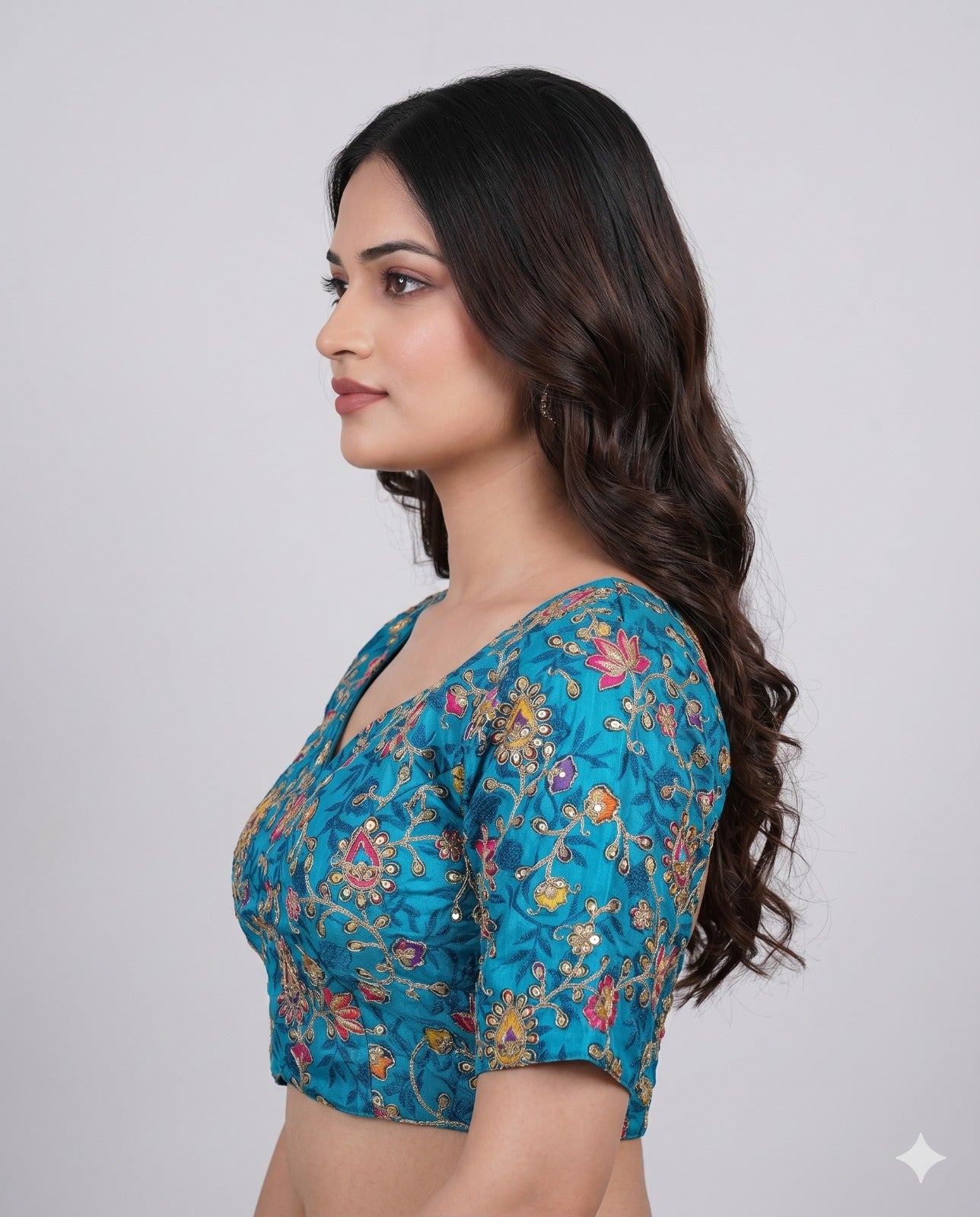 Pure Viscose Blue V-Diamond Padded Embroidered Blouse