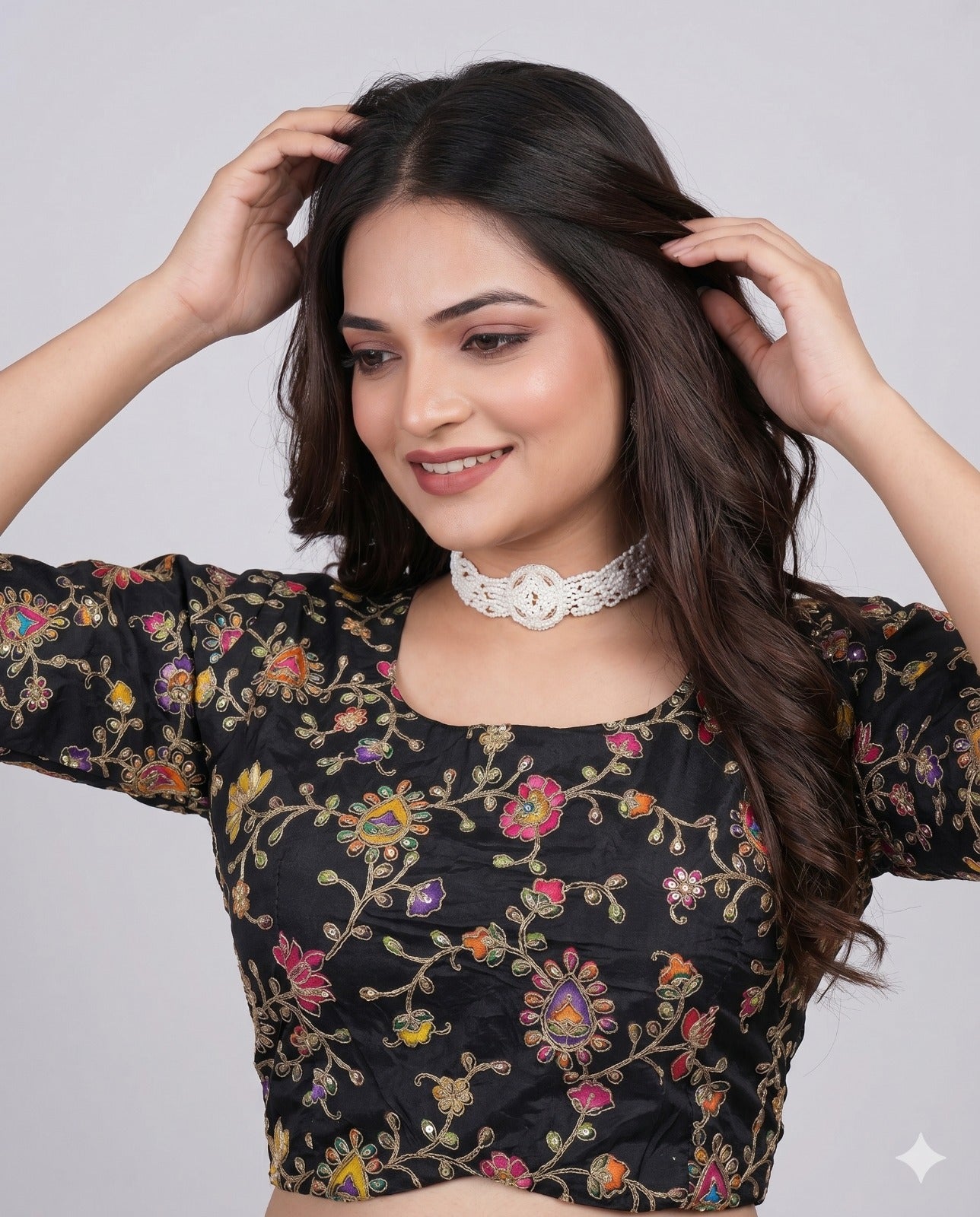Pure Viscose Round Neck Embroidered Blouse