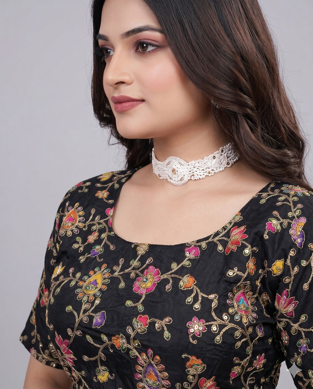 Pure Viscose Round Neck Embroidered Blouse