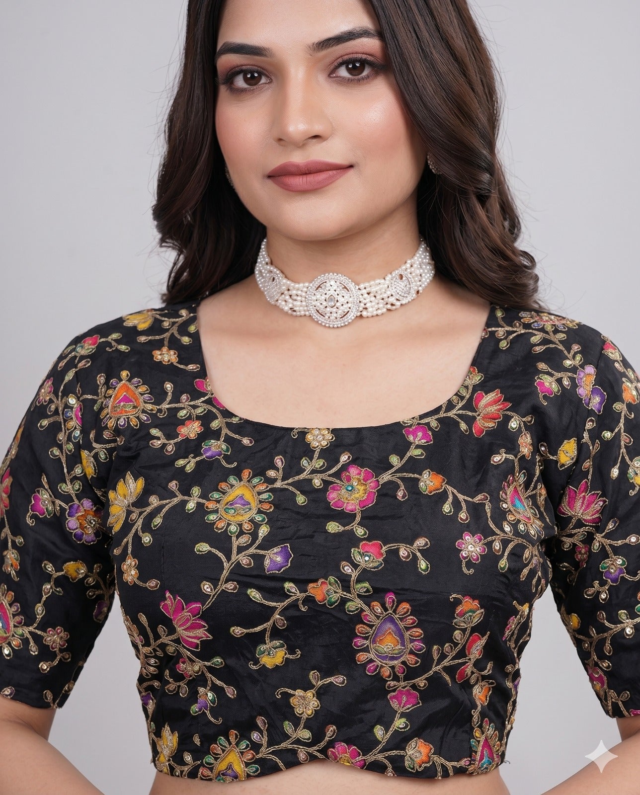 Pure Viscose Round Neck Embroidered Blouse