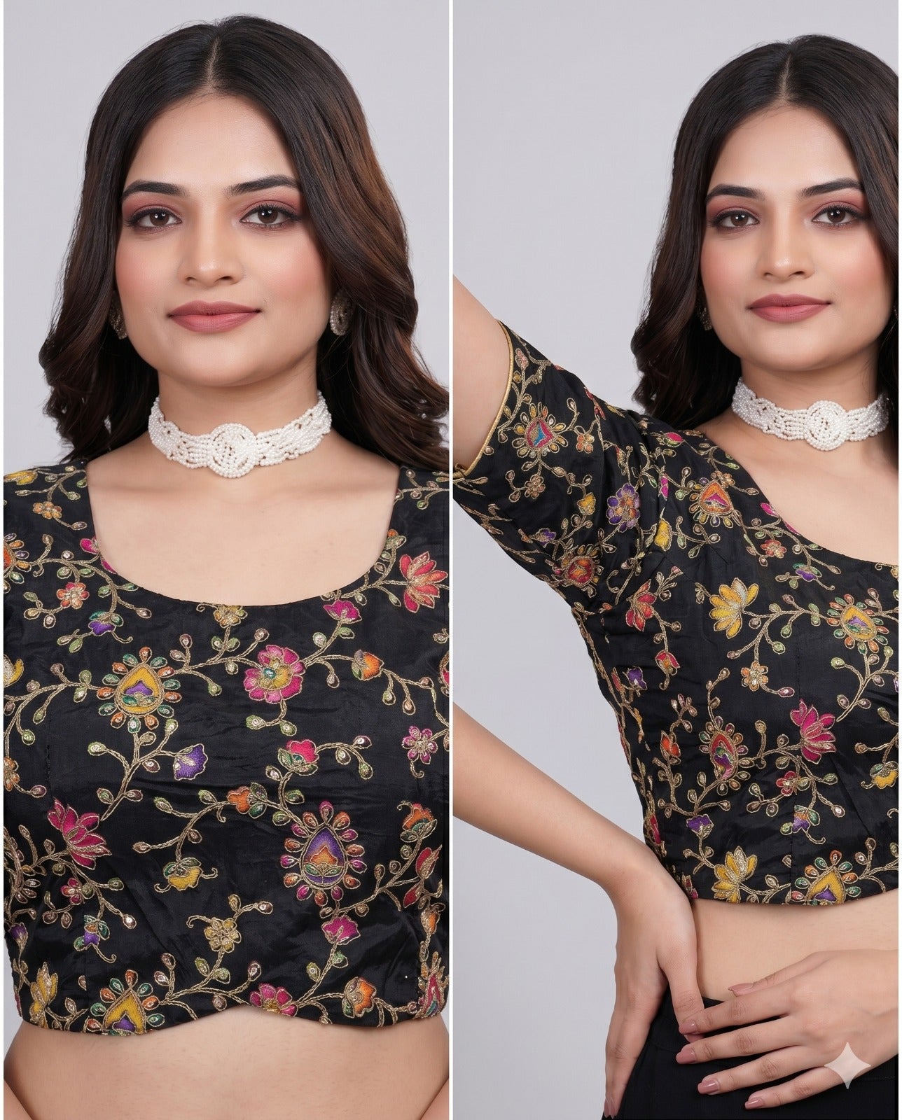 Pure Viscose Round Neck Embroidered Blouse