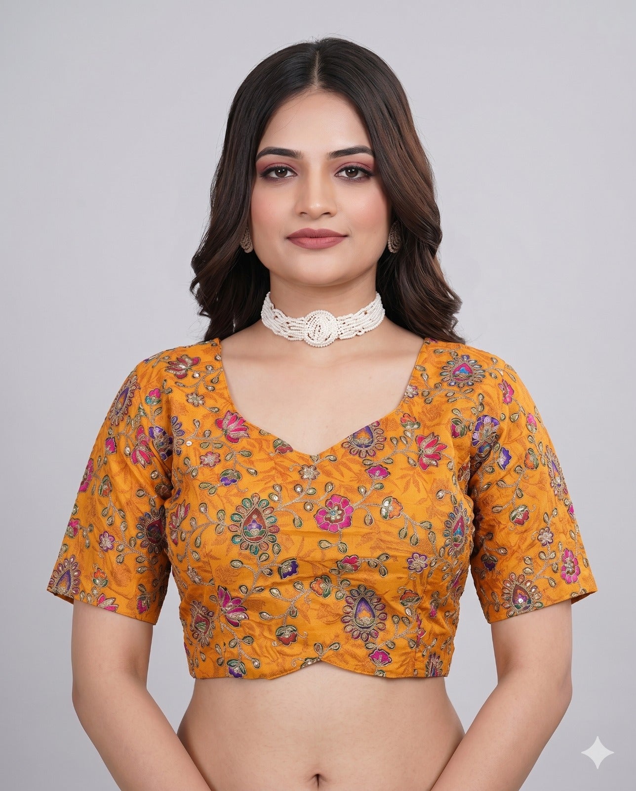 Pure Viscose Sweetheart Neck Yellow Embroidered Blouse